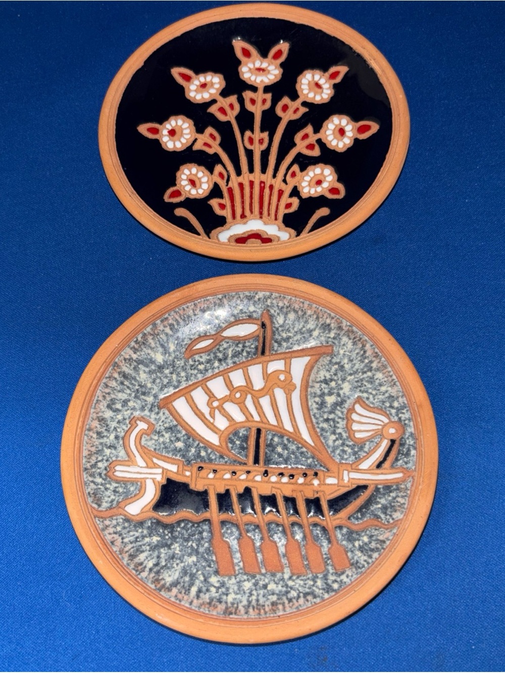 Bonis Pottery Original Signed Plate Viking Ship Floral 4.75 Made Rhodes Greece